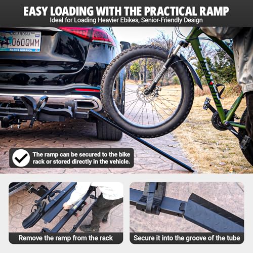 TRAILV2 Hitch Mount 2-Bike Rack with Bike Ramp - Tilt, Fold, Anti-Theft Hitch & Wheel Lock, 170lbs Capacity, 2-Inch Receiver, Up to 5.0" Fat Tire, Electric Bike Rack for Car, SUV, RV, Truck