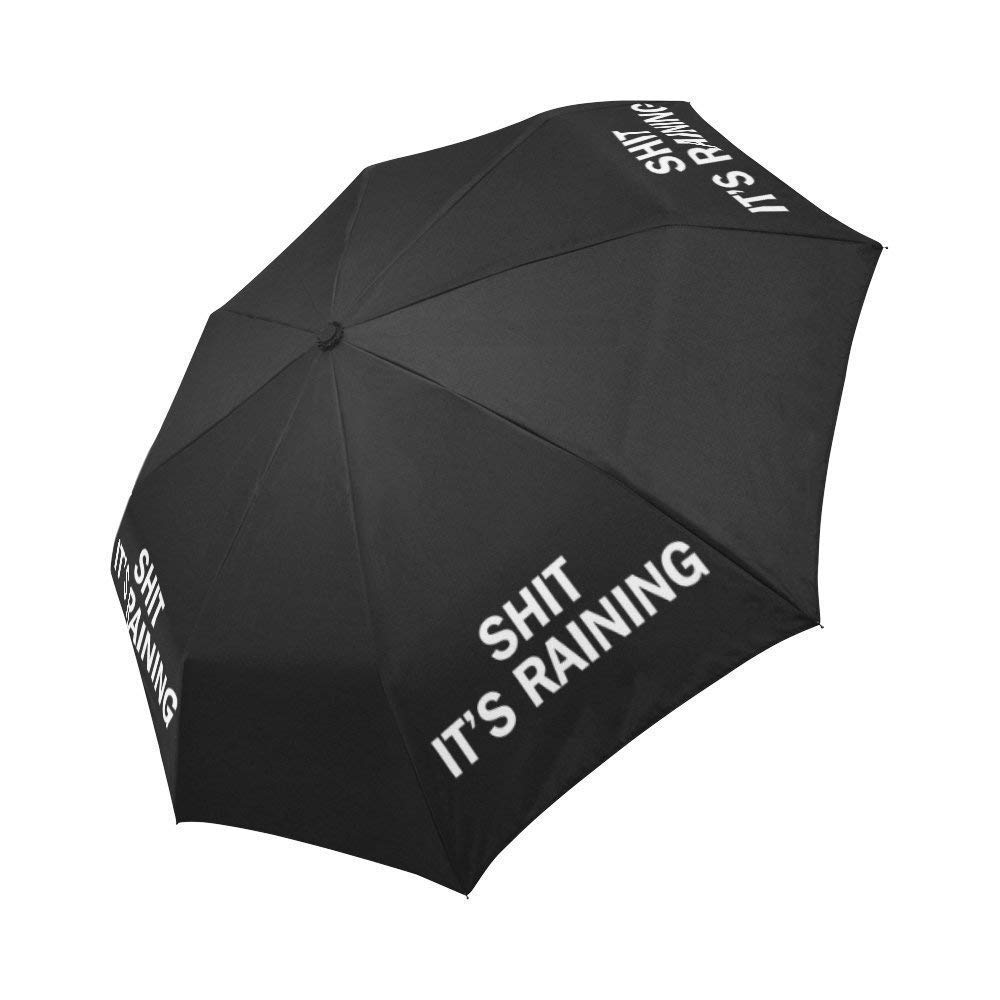 Funny Quotes Saying Windproof Compact Auto Open and Close Folding Umbrella, Shit It's Raining Automatic Foldable Travel Parasol Umbrella, Black