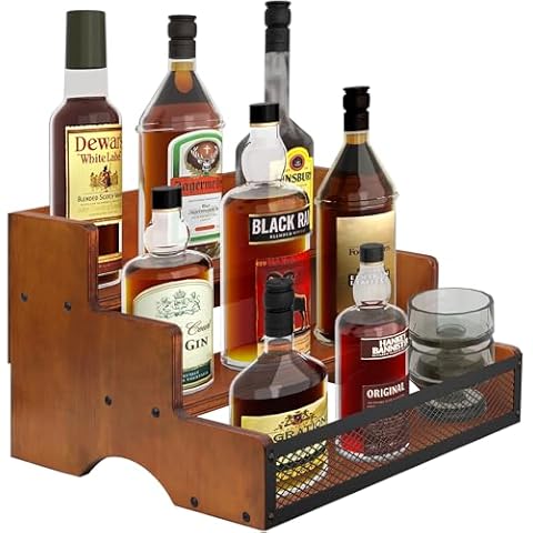 3 Step Liquor Bar Bottle Display Shelf, Coffee Syrup Rack Organizer Syrup Bottle Holder Stand for Coffee, 12 Bottles Storage Shelves for Syrup, Wine, Dressing for Kitchen Coffee (Brown Tawny Color) Cover