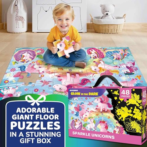 QUOKKA Floor Puzzles for Kids Ages 4–8 – 2x3 FT Giant Glow in The Dark Jigsaw – 48 Large Pieces – Magical Fantasy Unicorn Scene – Montessori Toy with Gift Box – Fun Learning Activity