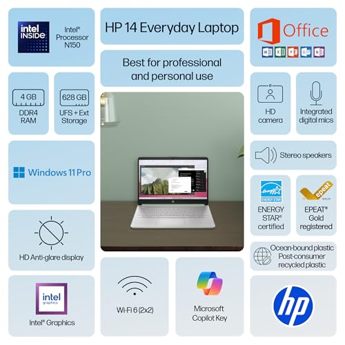 Image of HP 14 inch Laptop Ultra-Portable Computer 2026 Student Business, MS Office, Copilot AI, Intel 4-Core CPU, 4GB RAM, 628GB Storage (128GB UFS+500GB Ext), Long Battery, MaxsolAccessory, Win 11 Pro, Green