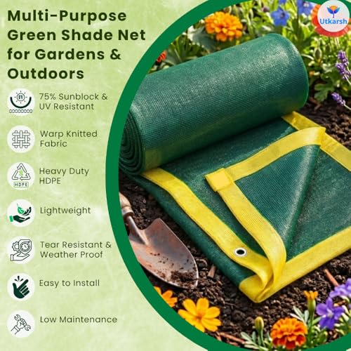Image of Utkarsh Green Shade Net - 75% UV Protection | Multipurpose Agro Net for Terrace, Garden, Greenhouse & Balcony | Protection from Sun | Indoor & Outdoor Use | Size - 10 ft x 15 ft
