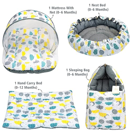 Image of Infantbond Baby Mattress with net | Baby Carry Bag | 4 Pcs Bedding Set | Baby Nest (0-6 Months) Grey Sprial (Full Set Nest)