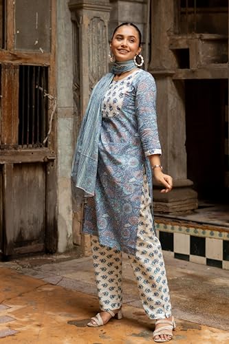 Image of MIRCHI FASHION Women's Straight Fit Pure Cotton Embellished Floral Printed Kurta Set with Dupatta and Trouser