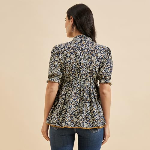 Image of Azira Cotton Printed Mandarin Collar | Blue Color | Casual Top | Woman Top| Tops for Woman | Stylish Summer Wear