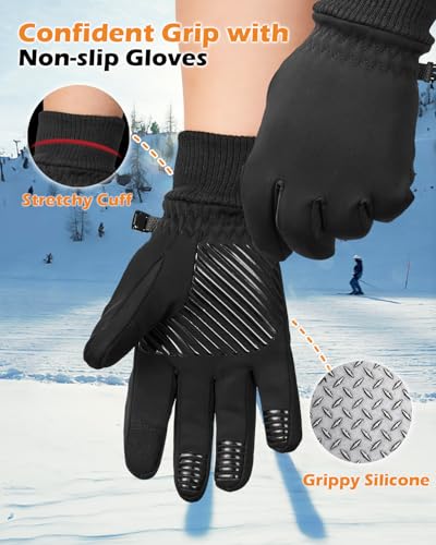 Winter Waterproof Gloves for Women: Water Proof Touch Screen Gloves for Men Running Hiking, Cold Weather Touchscreen Gloves for Phone Texting, Warm Snow Water Resistant Thermal Gloves Black - Image 5