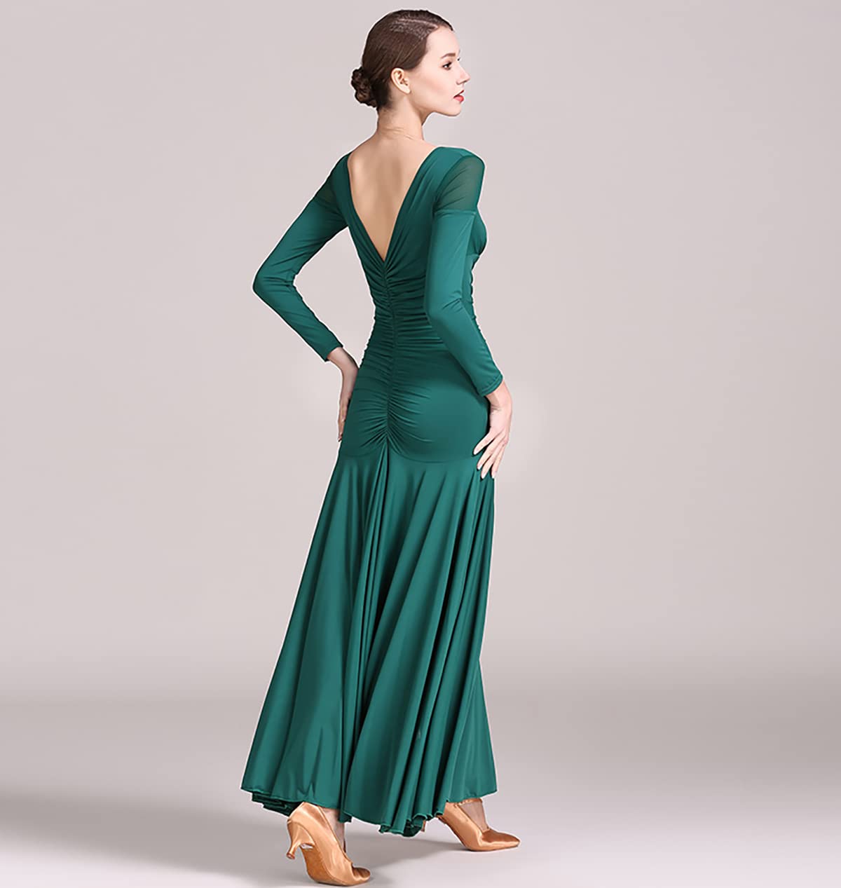 Nowoczesne kostiumy na konkursy tańca moda damska seksowna sukienka koronkowe szwy dekolt w serek bez pleców jednolity trykot długa sukienka na imprezę elegancka sukienka duża spódnica swing