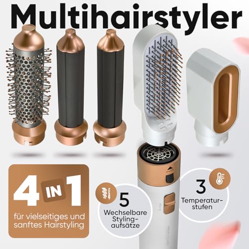 ProfiCare® Warmluftbürste | 4in1 Hairstyler für Locken, Volumen, Glätten und Trocknen | 1000W Rundbürstenföhn | Föhnbürste 3 Stufen | inkl. Organizer für Aufbewahrung | Airstyler PC HAS 3132 weiß-rosé