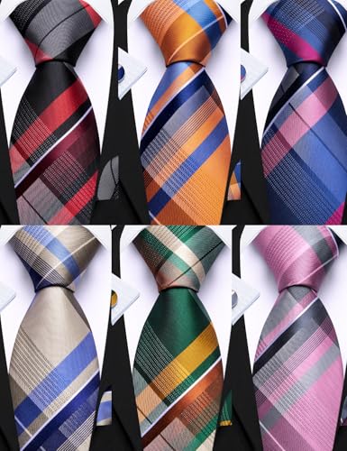 Image of Barry.Wang 6 PCS Men Ties Set Silk Business Fashion Woven Necktie Handkerchief Cufflinks Paisley Stripe Wedding Party