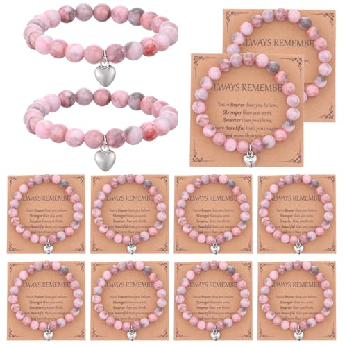 12pcs Inspirational Bracelet Gifts for Women,Sweet Heart Beaded Bracelet with Cards Gifts,Semi-Pprecious Stone Bead Bracelets, Stretch Bracelets Jewelry Gift(1 Inch,Multiple Styles)