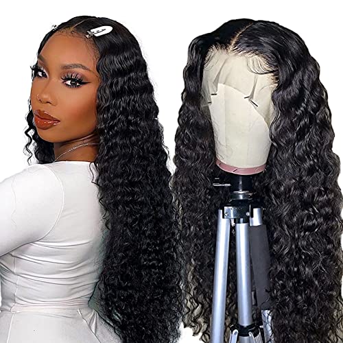Water Wave Lace Front Wigs Human Hair Pre Plucked,26 Inch T Part Lace Wig Curly Transparent Lace Front Wigs Human Hair Pre Plucked with Baby Hair, 150% Density Glueless Human Hair Wig