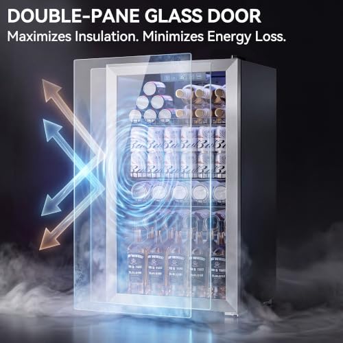 Image of Tehanld 3.2 Cu.Ft Beverage Fridge, Mini Fridge With Glass Door, Beverage Cooler Refrigerator, Wine Drink Beer Fridge, Adjustable Shelves & Digital Temperature Display, 26 Bottle 128 Can, Silver