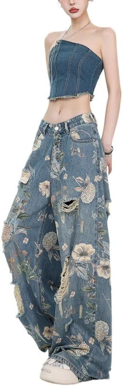 Y2K Jeans for Women Baggy Vintage Flower Ripped Pants High Waisted Grunge Coquette Jeans Straight Wide Leg Clothes - Image 2