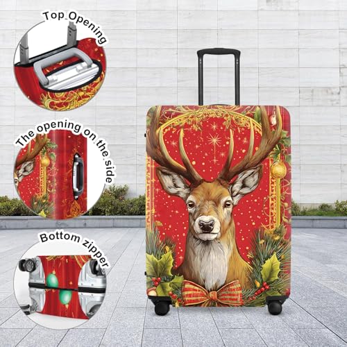 Image of Vintage Plaid Luggage Cover - Red Tartan with Golden Deer and Holly, Classic Stretchable Suitcase Cover 24 26 Inch