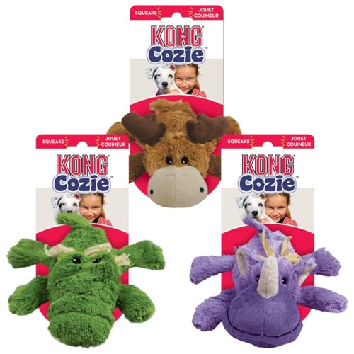 KONG Cozie Bundle Variety Pack - Cozie Marvin The Moose Plush Dog Toy Ali The Alligator & Rosie The Rhino - Medium Size Plush Dog Toys