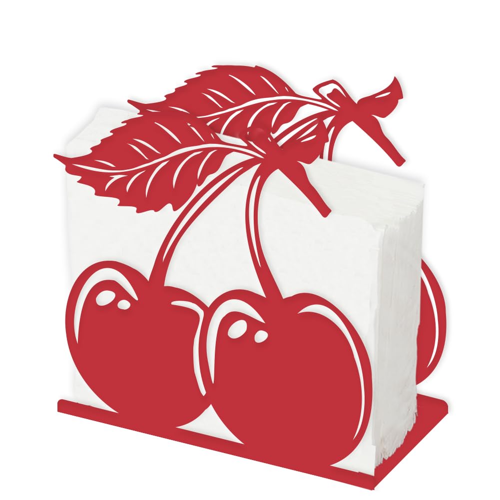 SUPERDANT Cherry Napkin Holder for Tables Red Metal Sserviette Holder Tabletop Cloth Tissue Paper Stand Freestanding Napkin Dispenser with Gasket for Kitchen Coffee Shop Dining Room 15x15CM