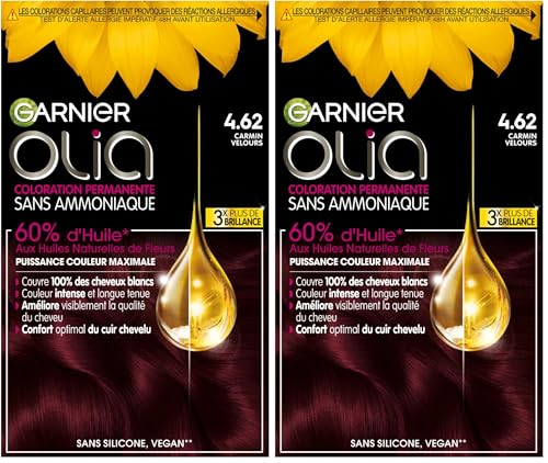 Garnier Coloration Permanente - Sans Ammoniaque - Aux Huiles Naturelles de Fleurs - Carmin Velours (4.62) - Olia (Lot de 2)