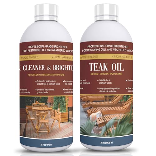2 Pack Teak Oil, Teak Cleaner and Brightener Kit - Teak Cleaner for Teak Outdoor Wood Patio Furniture | Clean, Brighten, and Protect Treated and Untreated Wood Surfaces, Teak Sealer -16 OZ