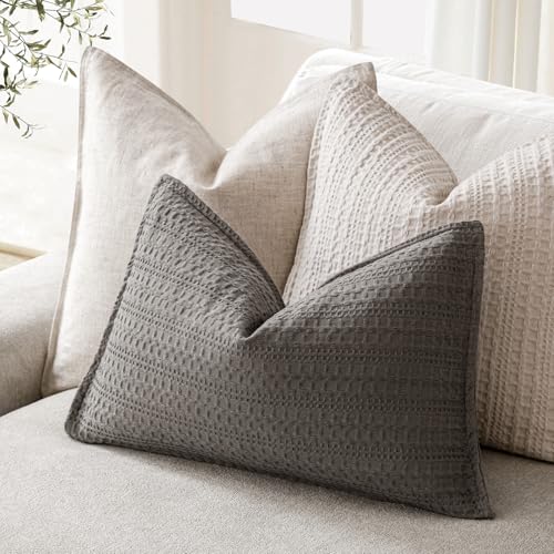 Image of Foindtower Set of 2 Decorative Cotton Waffle Weave Lumbar Throw Pillow Covers Euro Shams Cushion Covers Accent European Pillowcase for Bed Couch Bedroom Living Room Home Decor 12x20 Inch Taupe Gray