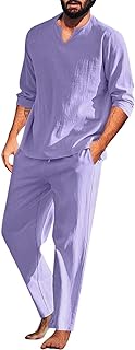 DDDHL Conjunto masculino de algodão para aluguel de smoking camisa Henley manga longa e calça casual de praia roupas de verão e ioga, Roxo, XG