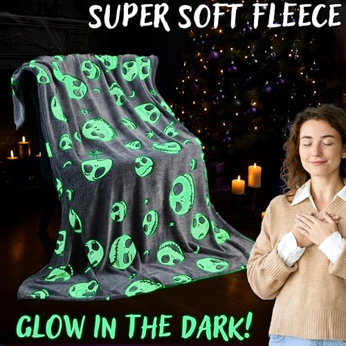 Image of Disney The Nightmare Before Christmas Glow in the Dark Throw Blanket 51x59 inch for Kids Teens Adults, Soft Fleece Throw Blanket Sofa Bed, Gifts for Kids (Grey TNBC)