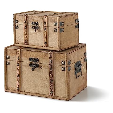 SLPR Decorative Small Storage Trunks for Home Décor - Set of 2, Vintage Wooden Memory Chest, Antique Wood Boxes for Storage and Keepsakes Cover