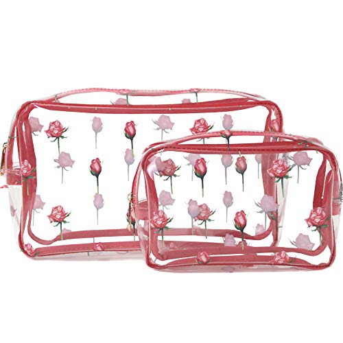 Hibala 2Pcs Portable Clear Waterproof Makeup Cosmetic Bag Makeup Bag Toiletry Bag Wash Bag Vacation, Bathroom and Organizing Bag Travel Set for Women (Rose)