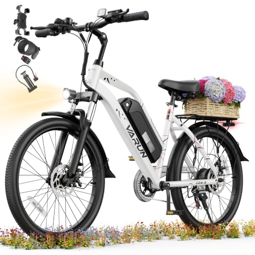 VARUN Electric Bike - Peak 750W Adult E Bike Up to 40Miles 48V Removable Battery Shock Absorber 7-Speed and Dual Disc Brakes Stylish 24 Cruiser E-Bike Suitable for Commuting & Shopping White