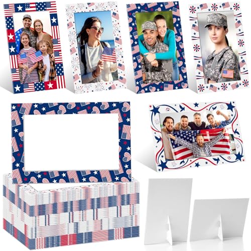Image of AmazingSpark 50 Pack Patriotic Picture Frames 4x6, Independence Day Photo Booth Frames Bulk, Flag Day 4th of July Paper Photo with Easel Back, Assorted USA Flag Designs for Party Table Decor