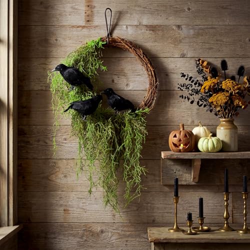 Suncalla 23.6 Inch Halloween Crow Wreath for Front Door with Artificial Moss Leaves Crow Raven Door Wreath Garland Halloween Decorations for Outdoor Indoor Wall Window Home Party