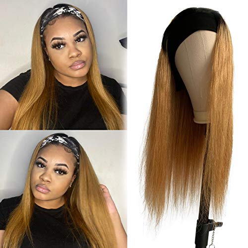1B/27 Human Hair Wigs 20 Inch Long Straight Honey Blonde Ombre Hair with Headbands Full 150% Density No Lace Dark Roots Blonde Headband Wig Can be Restyled