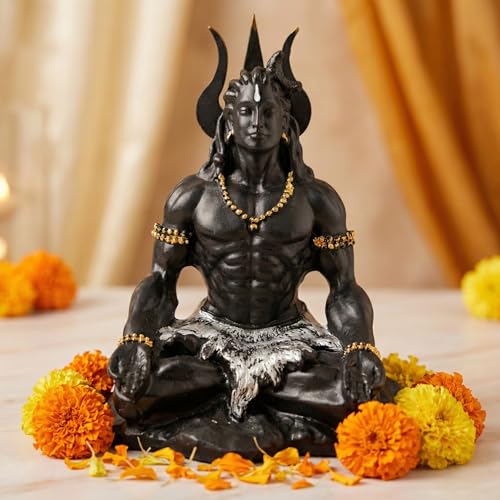 Image of Mahayogi Shiva Meditation Resin Statue for Home Decor, Car Dashboard & Office Desk - Premium Black Matte Finish with Golden Beads | Spiritual Showpiece | 8x7x10 cm