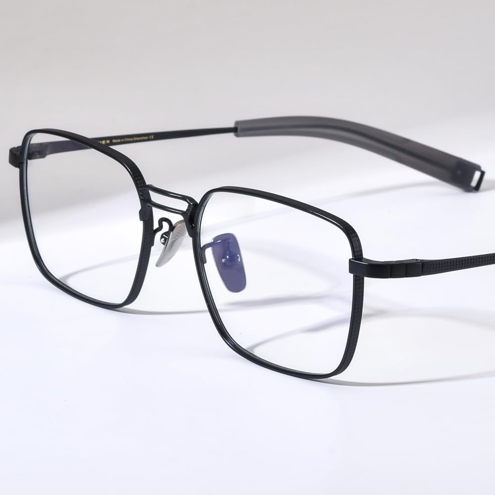 FONEX Pure Titanium Glasses Frame Men Square Eyeglasses Optical Eyewear F8827 (F8827 Black, Clear)