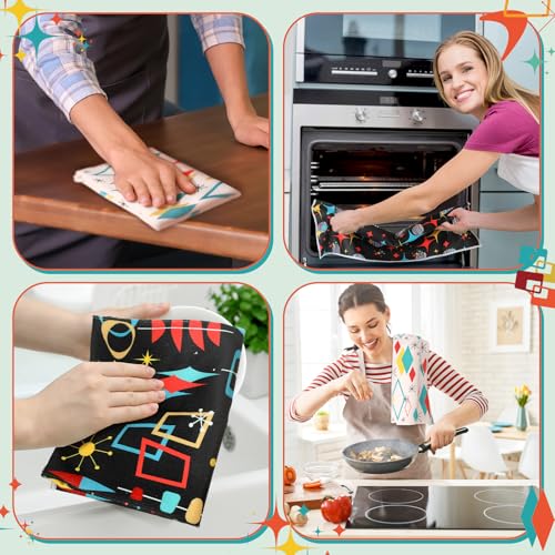 Image of Bencailor 6 Pcs Black Geometric Kitchen Towels Decorative Sets Dish Towels Absorbent Fast Drying Hand Tea Vintage Hanging Reusable Cleaning Dishcloths for Cooking Farmhouse Bathroom Accessory