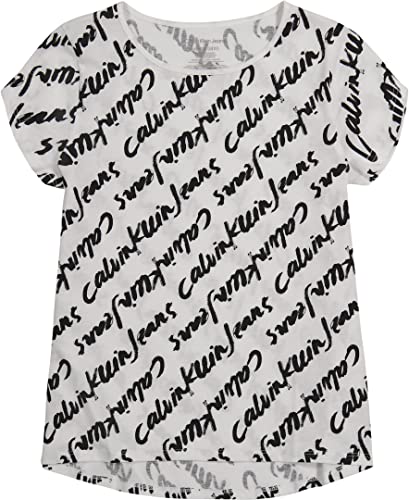 Calvin Klein Camiseta feminina com logotipo de manga curta, ajuste confortável, com interior sem etiqueta, Pincel branco, 8