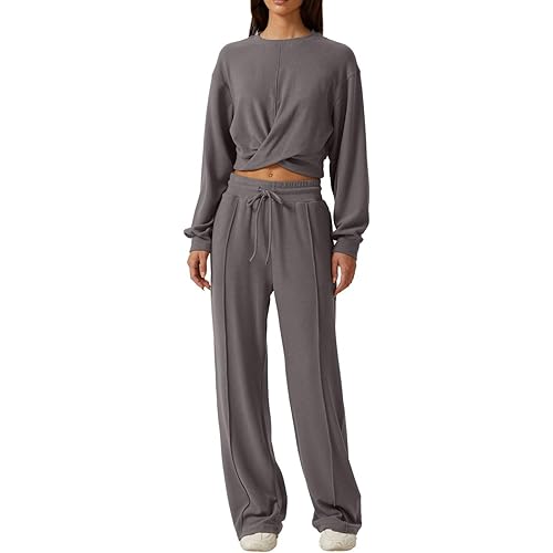 QINSEN Women 2 Piece Outfits Sweatsuit Set Twist Front Cropped Sweatshirt Wide Leg Sweatpant Lounge Set Tracksuit