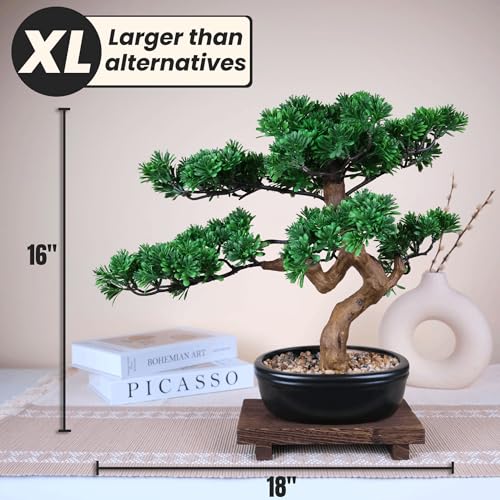 Artificial Bonsai Tree 16" Tall with Realistic Wood and Ceramic Pot Fake Plants Juniper Pine Zen Faux Plants for Home Bedroom Office Bathroom Japanese Decor - Image 5