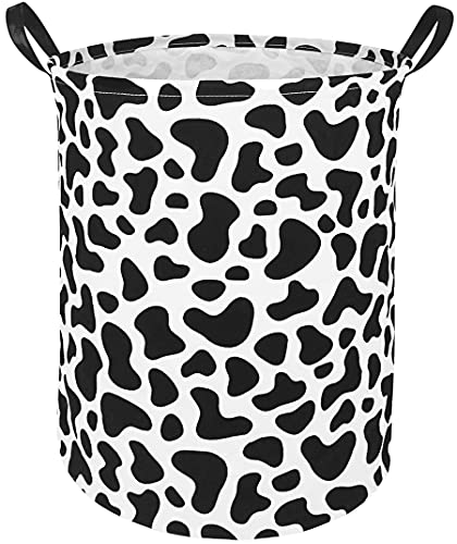 Image of HUAYEE Round Cow Pattern Laundry Hamper Storage Basket Fabric Material Storage Hamper Organization Basket, Storage Bin, Gift Box with Handles for Room