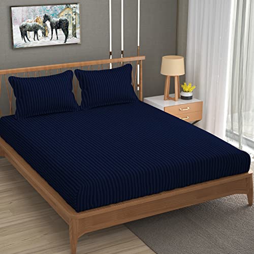 Image of 200 TC Stripe Glace Cotton BedSheet with Pillow Cover (Navy Blue, Double)