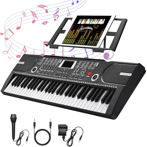 61 Key Keyboard Piano, Portable Electronic Keyboard Piano for Beginners with Speakers, Microphone, Sheet Music Stand, 100 Voices, 100 Rhythms, Digital Music Keyboard Built-In Speakers