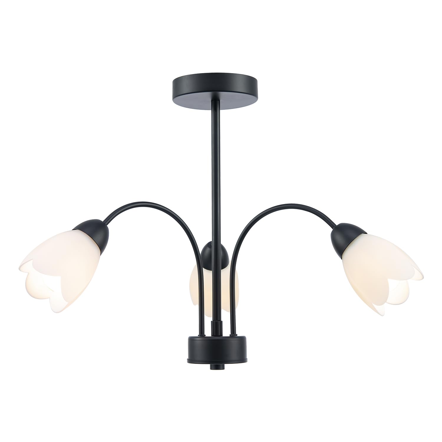 Happy Homewares Contemporary Ceiling Lamp Fitting in Matte Black with Opal White Floral Petal Glass Shades | 39cm x 52cm | 3 x 7w E14 | Looping Metal Arms