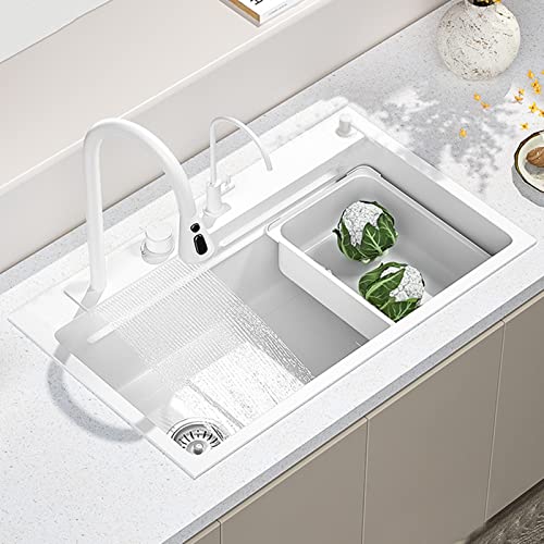 INGVY Fregadero de Cocina de Cascada Blanca Fregadero de Cocina de un Solo tazón de Acero Inoxidable Fregadero de Cocina con Grifo Combo Fregadero de estación de Trabajo de Montaje Superior con AC