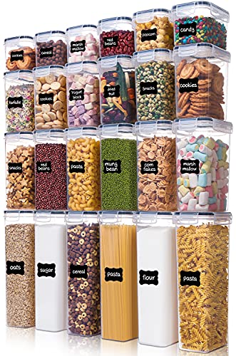 Vtopmart 24 Pack Food Containers with Airtight Lids BPA-Free Clear Plastic Kitchen Cabinet and Shelf Organizers for Rice Cereal Flour Pasta Sugar Beans Oats with Labels