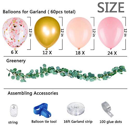 Pink Balloon Garland with Artificial Greenery Garland Pink Gold Balloon Arch Kit with Artificial Greenery for Baby Shower Wedding Party Decorations