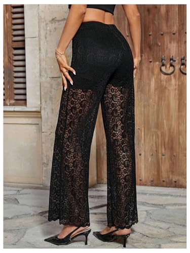 Floerns Women's Contrast Lace Sheer Pants Elastic Waist Straight Leg Elegant Trousers2