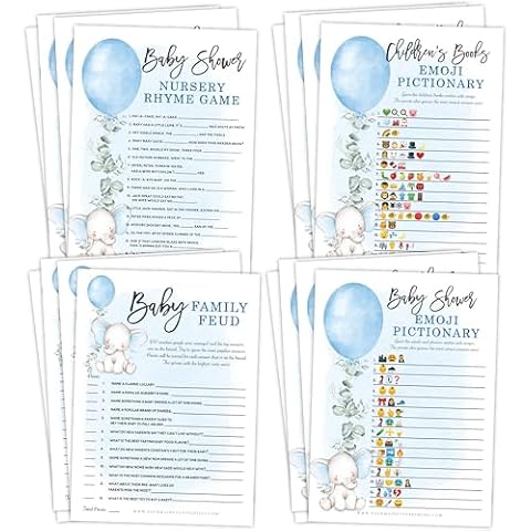 Your Main Event Prints Boy Baby Shower Games (Set of 4 Fun Activities for 25 Guests), Blue Elephant Balloon Boy Themed Baby Shower Games Cover