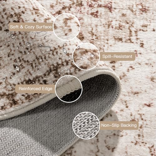 Lofus 5x7 Area Rugs for Living Room, Washable Area Rug, Rugs for Bedroom, Kitchen, Vintage Boho Carpet, Soft Non-Slip, Low Pile Large Area Rug for Office Dining Room, Vintage Beige Brown