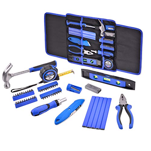 HELAKLS 58 Piece Carpenter Home Maintain Repair Hand Tool Kits Set Ratchet Screwdriver Combination Pliers Utility Knife Level Ruler Hammer For Woodwork