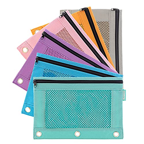 BAZIC Pencil Pouch 3 Ring Binder Pouch w/Rivet Enforced Rings Holes, Pastel Color Mesh Window Zipper Pouchesr, 1 Unit, Random Color