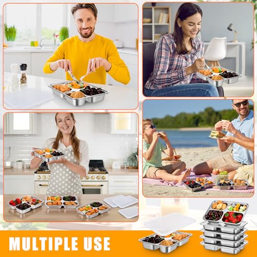 Image of 8 Pack Stainless Steel Snack Container with Lids, 4 Compartment Leakproof Bento Boxes, Reusable Metal Lunch Box & 8 Sets Portable Travel Utensil Flatware Set for Office, Travel